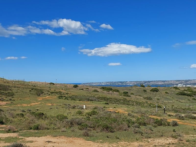 A wide-angle view of the vacant residential land, showcasing the natural landscape, coastal horizon, and surrounding area.