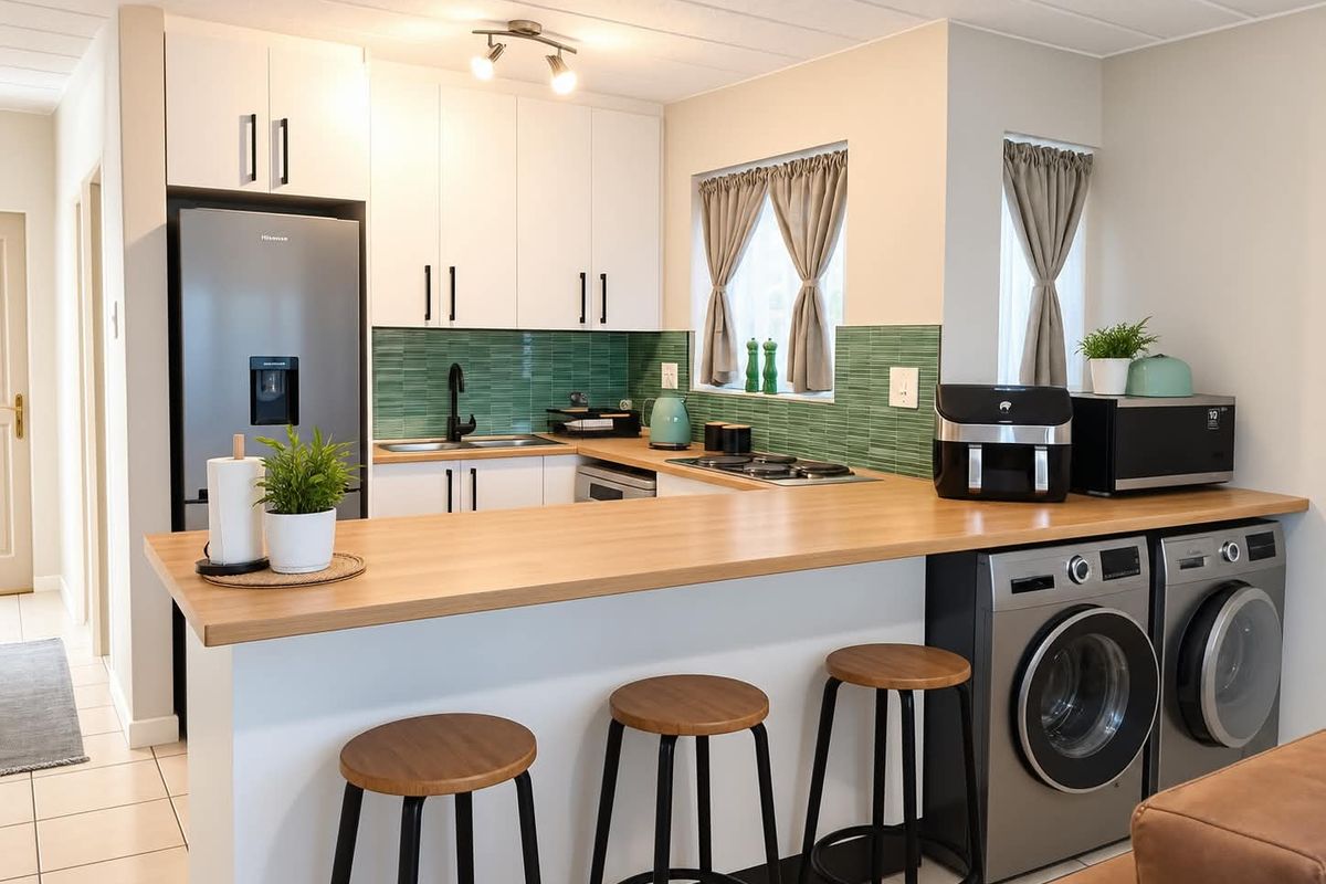 Modern kitchen featuring white cabinetry, a wooden breakfast bar, green tiled backsplash, and integrated laundry appliances.