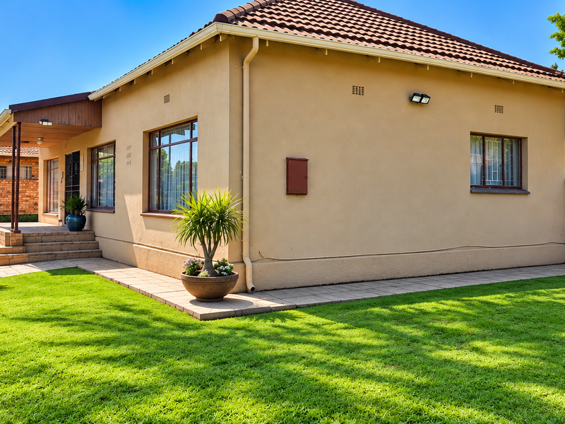 A well-maintained rear exterior view of the house featuring a tiled roof, plastered walls, a covered patio, and a neat garden with paved walkways.