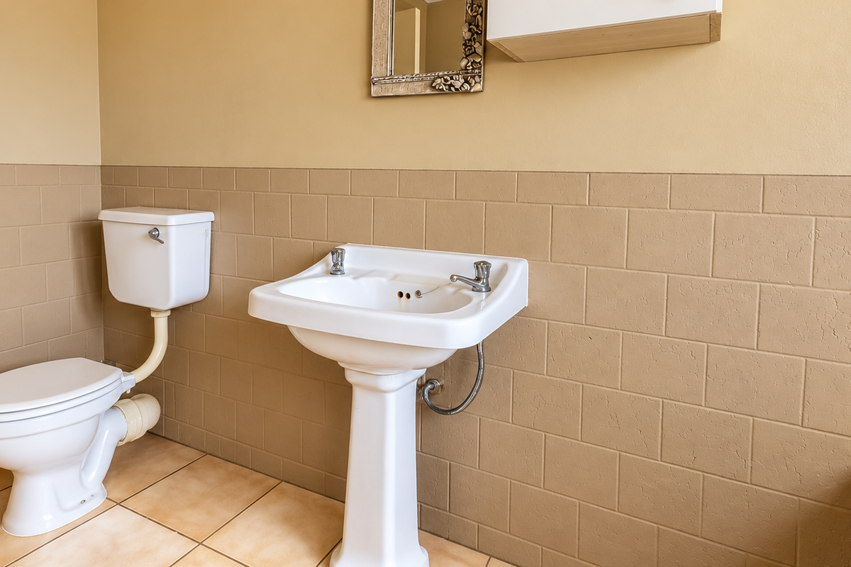 A functional bathroom featuring a pedestal washbasin, toilet, and neutral ceramic wall and floor tiling.