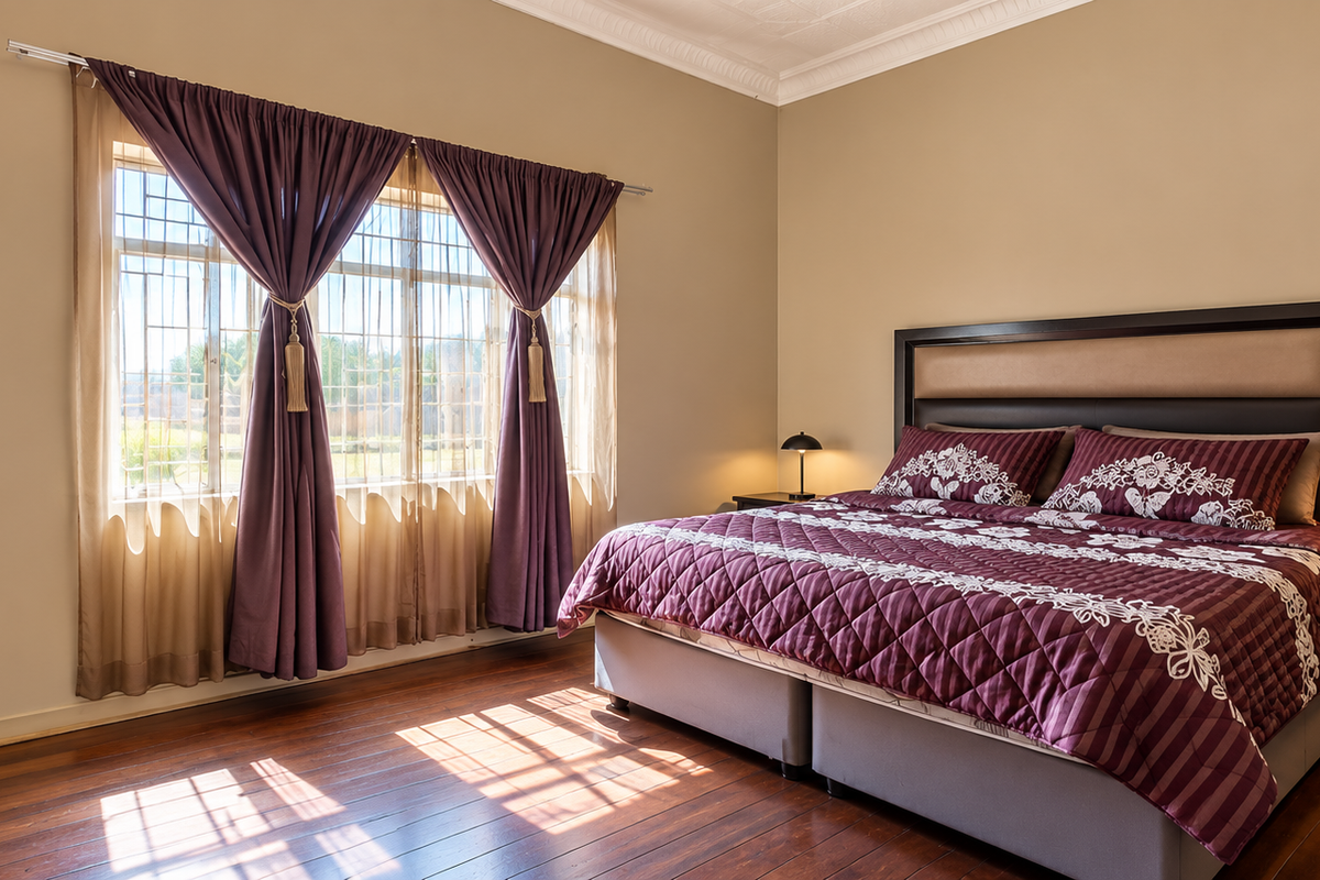 A well-maintained bedroom featuring polished hardwood flooring, decorative ceiling cornices, and a built-in wardrobe with ample natural light.