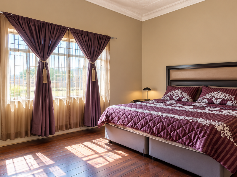 A well-maintained bedroom featuring polished hardwood flooring, decorative ceiling cornices, and a built-in wardrobe with ample natural light.