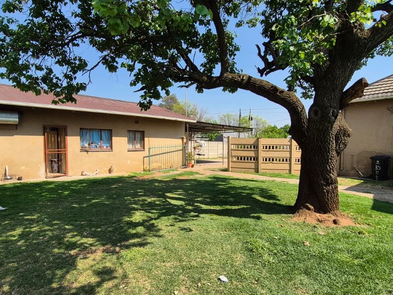 A spacious rear garden featuring a large mature tree, a well-maintained lawn, and access to the main dwelling and carport area.