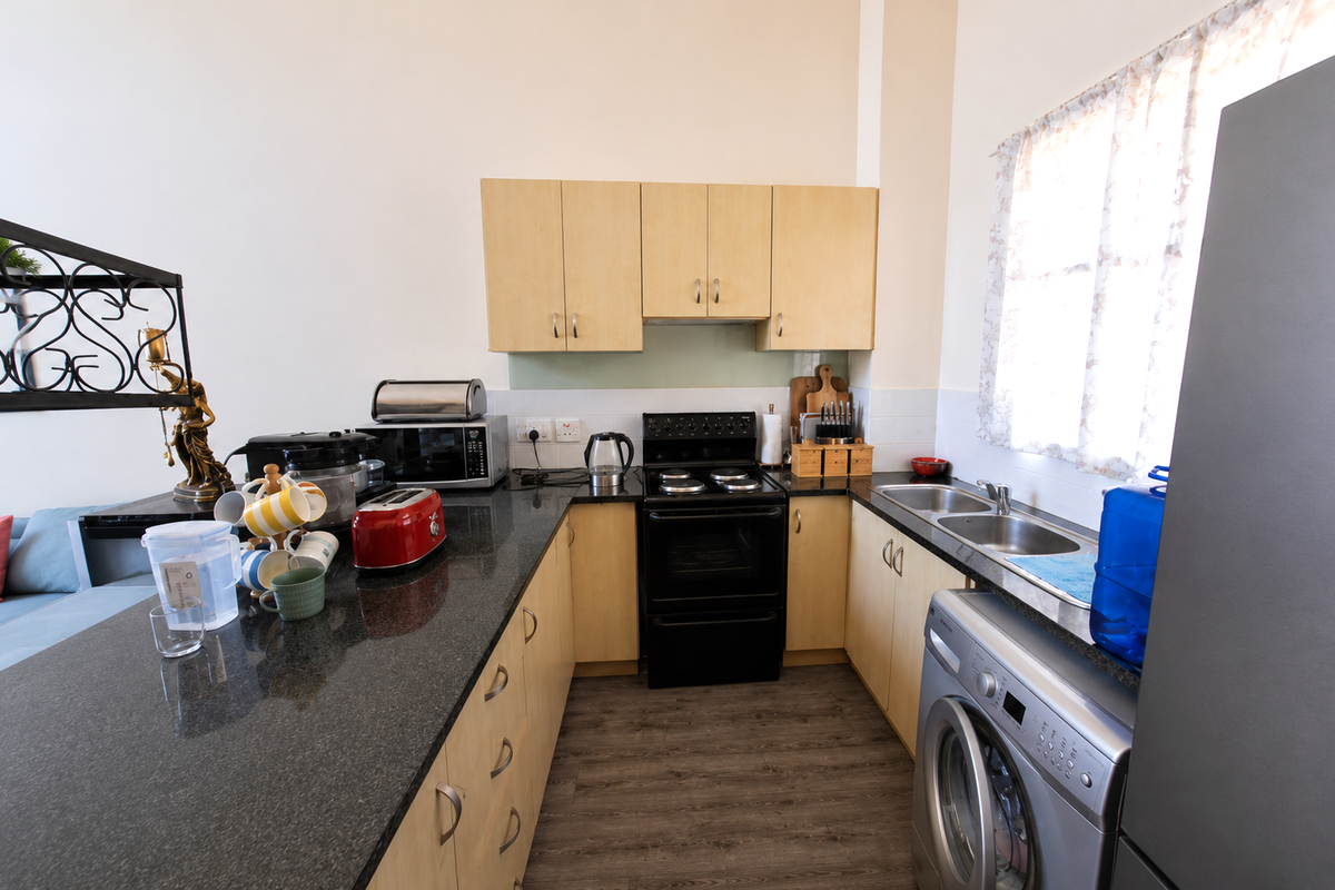 A functional kitchen featuring light wood cabinetry, granite countertops, a double sink, and a built-in washing machine with a modern laminate floor finish.