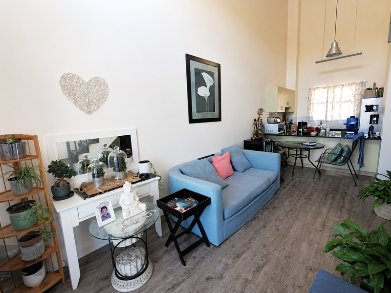 Open-plan living area featuring high ceilings, laminate flooring, and a compact kitchen with built-in cabinetry and countertop space.