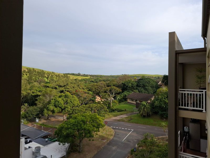 An elevated view overlooking a lush green landscape, surrounding trees, and a quiet residential street.