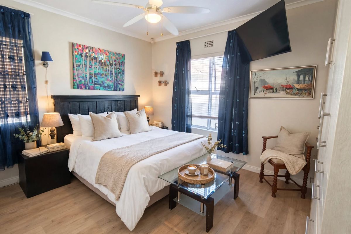 A well-maintained bedroom featuring laminate flooring, a ceiling fan, and built-in wardrobe storage, offering a comfortable and functional living space.
