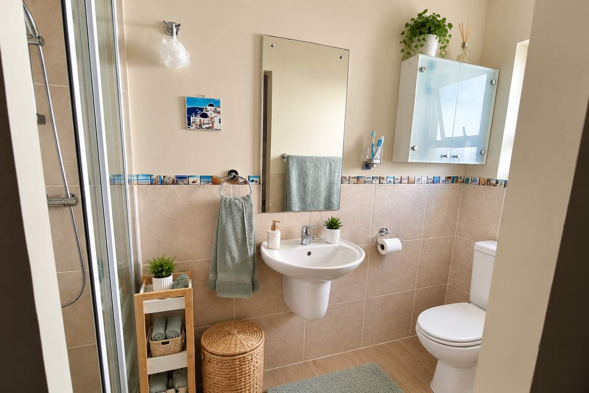 A clean and functional bathroom featuring a wall-mounted basin, a glass shower enclosure, a toilet, and a wall-mounted medicine cabinet with tiled finishes.