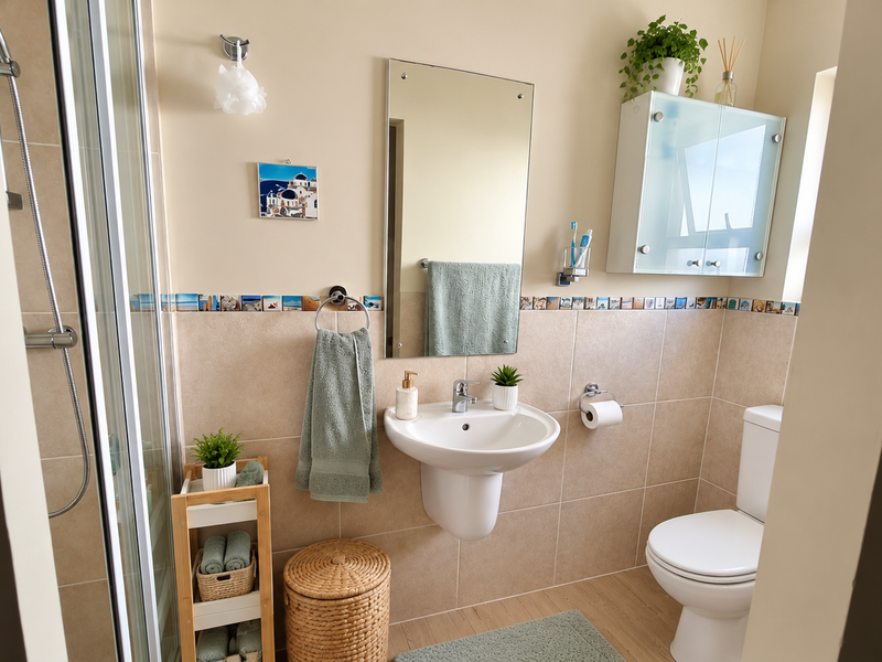 A clean and functional bathroom featuring a wall-mounted basin, a glass shower enclosure, a toilet, and a wall-mounted medicine cabinet with tiled finishes.