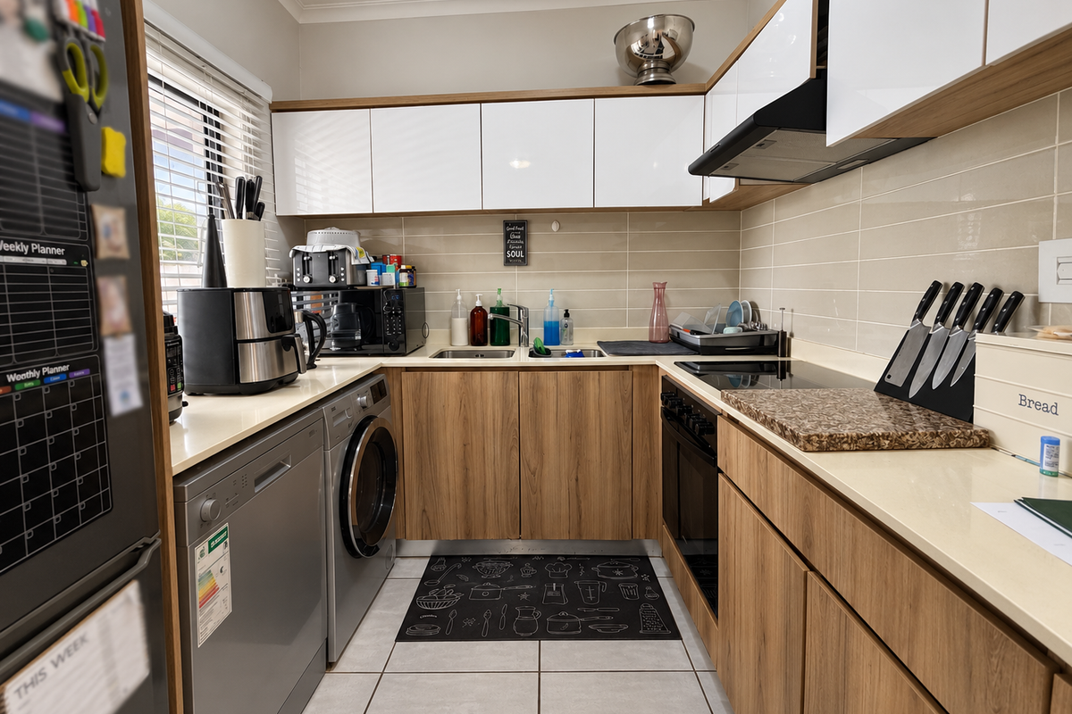 A modern, well-maintained kitchen featuring wood-grain lower cabinets, white upper cabinets, stone countertops, and integrated appliances including an oven and cooktop.