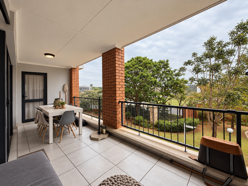 A spacious covered balcony featuring tiled flooring, exposed brick columns, and a metal balustrade, offering pleasant views of the surrounding garden and trees.