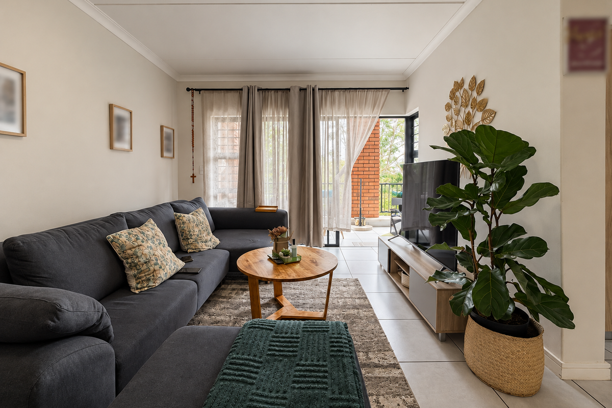 A well-maintained living room featuring neutral tiled flooring, cove cornicing, and direct access to an outdoor balcony through sliding glass doors.