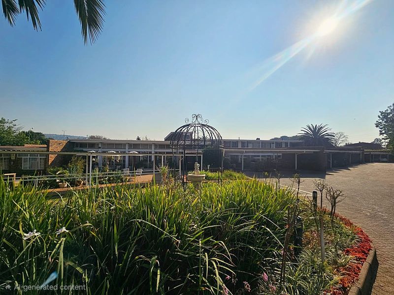 Front view of the retirement village featuring a paved driveway, landscaped garden area, and covered walkways connecting the brick building structures.