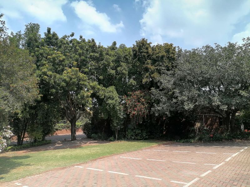 A paved parking area situated in front of a mature, well-established garden with large trees.