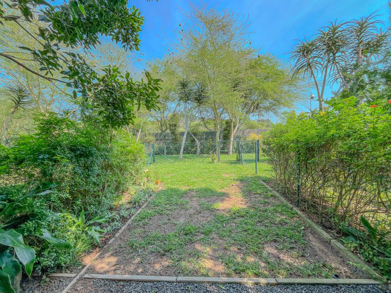 A private garden area featuring established trees, perimeter hedging, and wire mesh fencing with concrete edging.