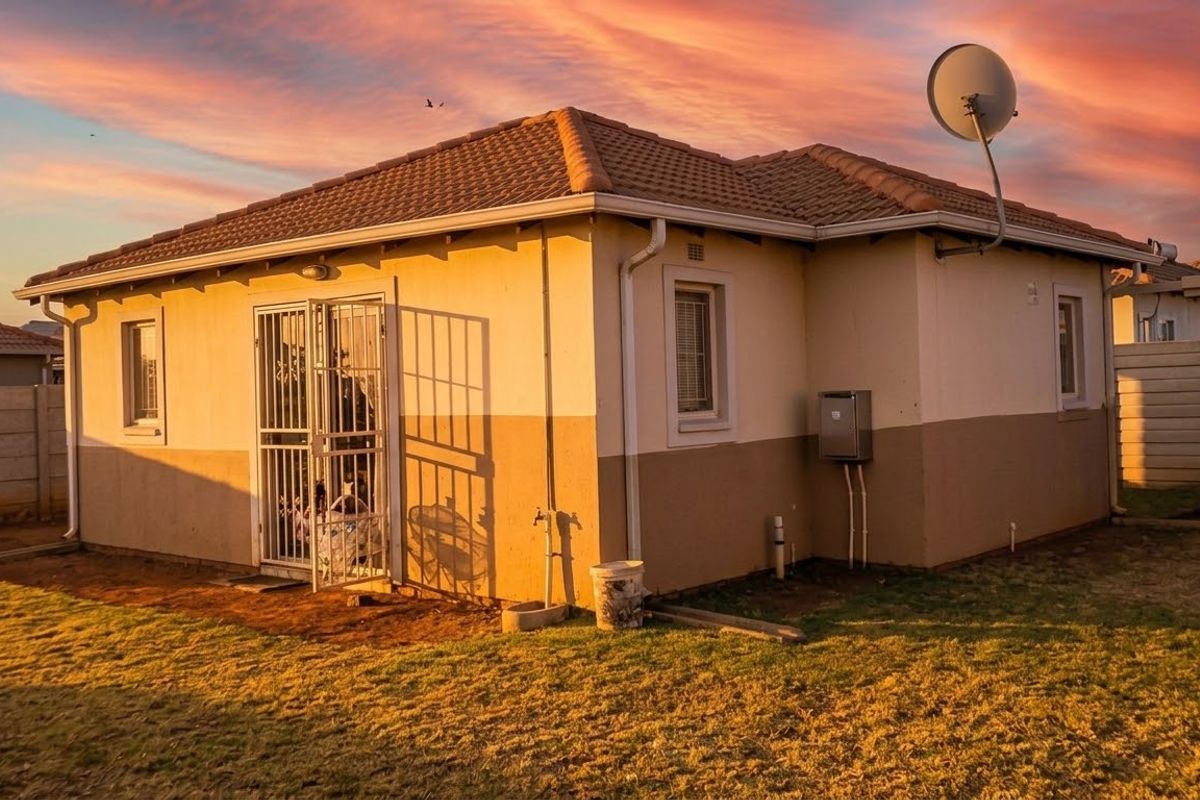 Rear view of a single-story residential house featuring a tiled roof, security gate, and surrounding garden area at sunset.