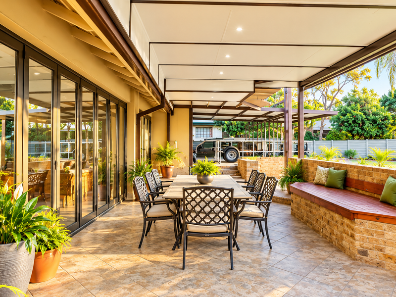 Spacious covered patio featuring tiled flooring, recessed lighting, and a built-in brick bench seat, seamlessly connected to the interior via large bi-fold glass doors.