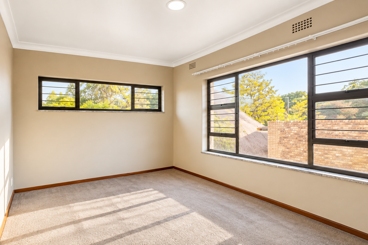 A bright, empty bedroom featuring neutral walls, carpeted flooring, and large aluminium-framed windows with security bars, offering a clean and well-maintained space.