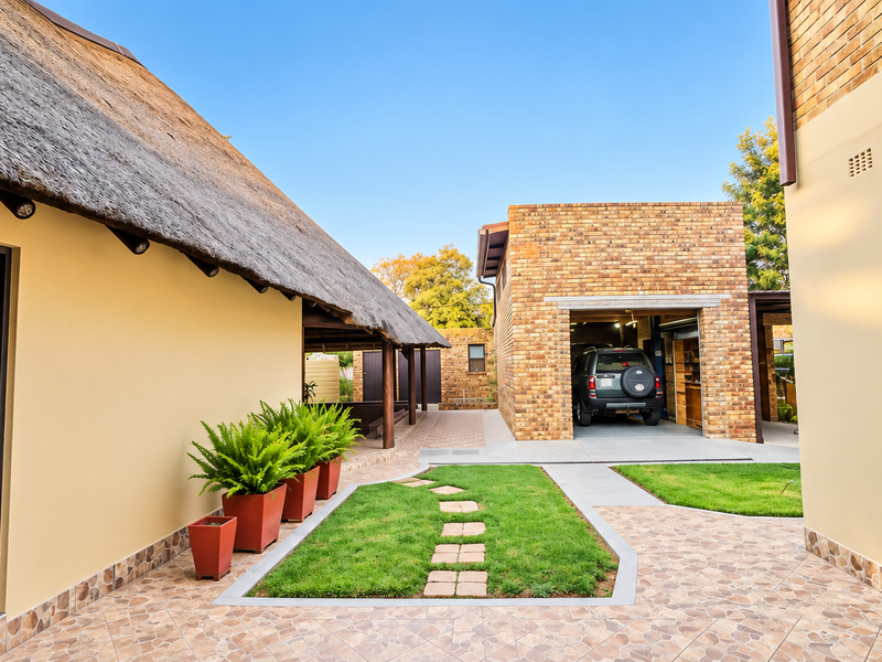 A well-maintained rear courtyard featuring a thatched roof structure, a face brick garage, tiled patio areas, and a neat garden with a paved walkway.
