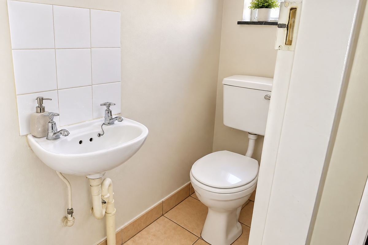 A compact guest bathroom featuring a wall-mounted basin with tiled splashback and a standard close-coupled toilet with neutral floor tiling.