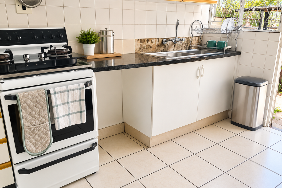 A functional kitchen featuring a gas stove, double sink, tiled backsplash, and white cabinetry with dark countertops, offering a practical layout for daily use.