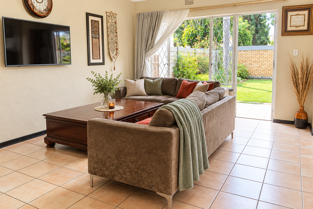 Spacious living room featuring ceramic floor tiles and a large sliding glass door providing direct access to the rear garden.