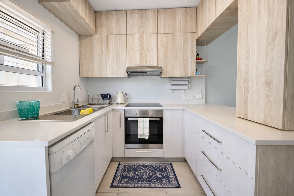 Modern kitchen featuring light wood-grain cabinetry, stone countertops, integrated oven, hob, and extractor fan, with ample storage and a bright window.