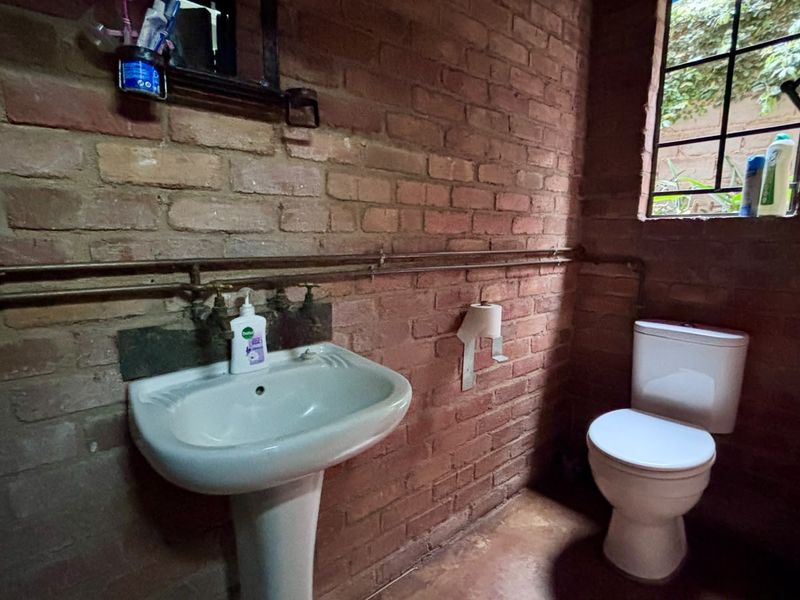 A rustic bathroom featuring exposed brick walls, a pedestal basin, and a toilet, with visible copper plumbing and a steel-framed window.