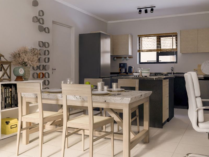 Modern open-plan kitchen and dining area featuring contemporary cabinetry, stone countertops, and neutral tiled flooring, creating a functional and cohesive living space.