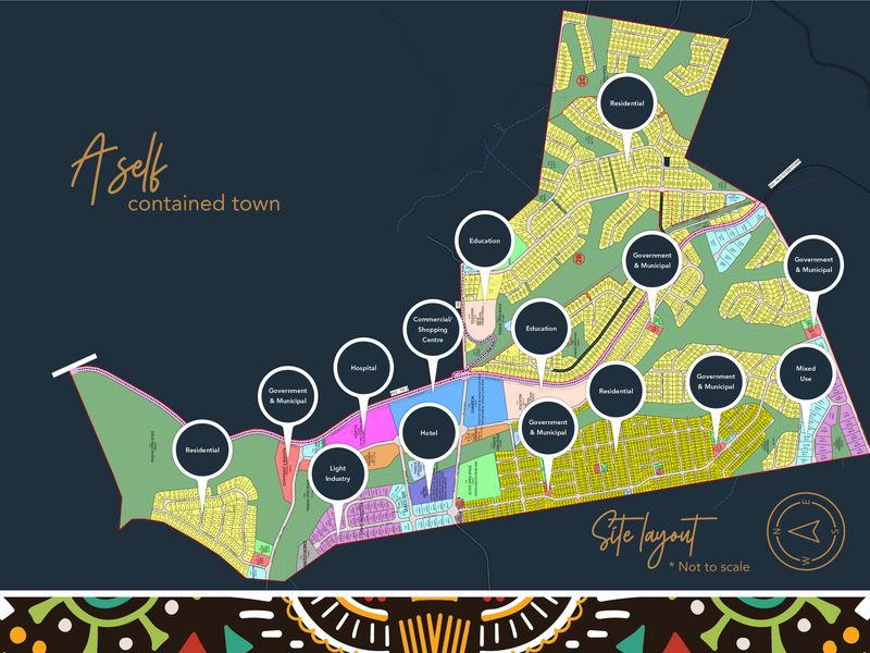 A site layout map illustrating the zoning and infrastructure of the self-contained town development.