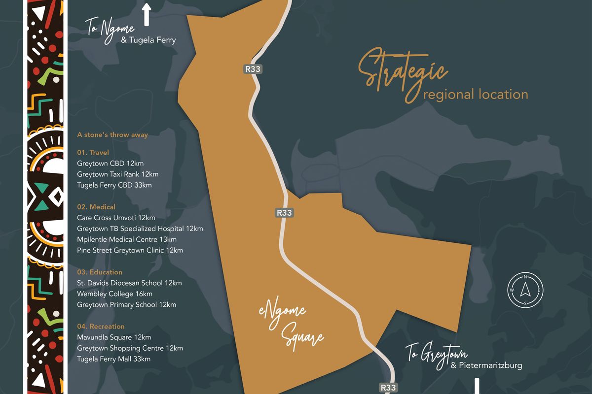 A regional location map highlighting the strategic position of Ngome Square relative to nearby towns, medical facilities, schools, and shopping centers.
