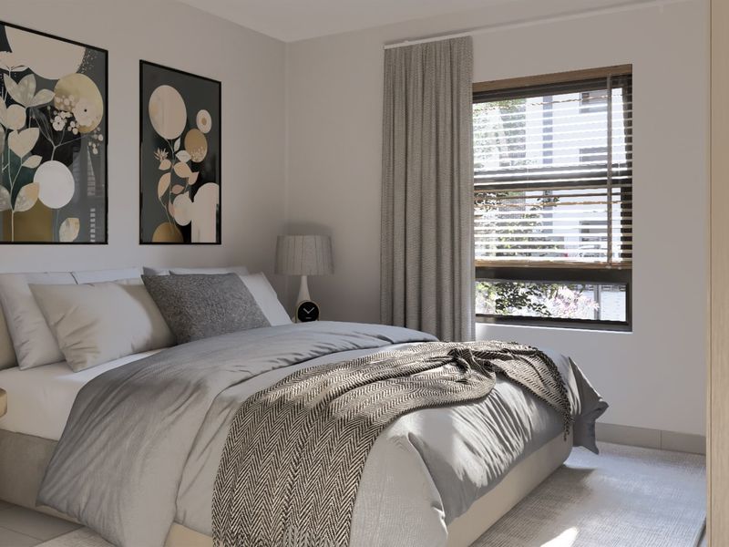 A well-lit, modern bedroom featuring neutral tones, a window with venetian blinds, and integrated curtain tracks.