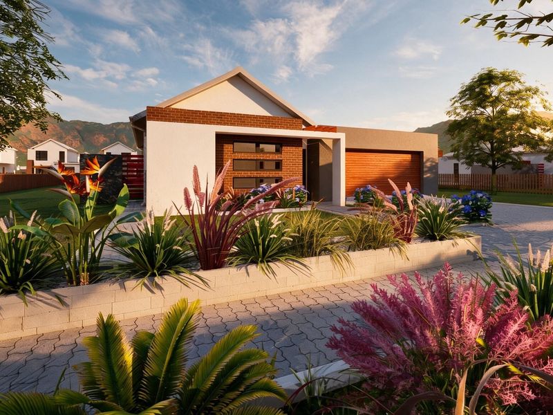 A modern single-story house exterior featuring a brick facade, paved driveway, and a well-maintained landscaped garden with a retaining wall.