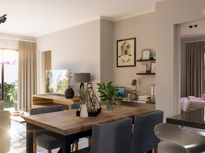 Modern open-plan living and dining area featuring neutral finishes, recessed lighting, and seamless access to the outdoor patio through sliding glass doors.
