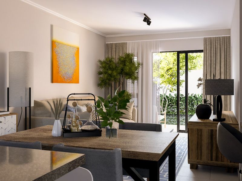 A bright and modern living area featuring tiled flooring, contemporary lighting, and large sliding glass doors that provide seamless access to the outdoor garden space.