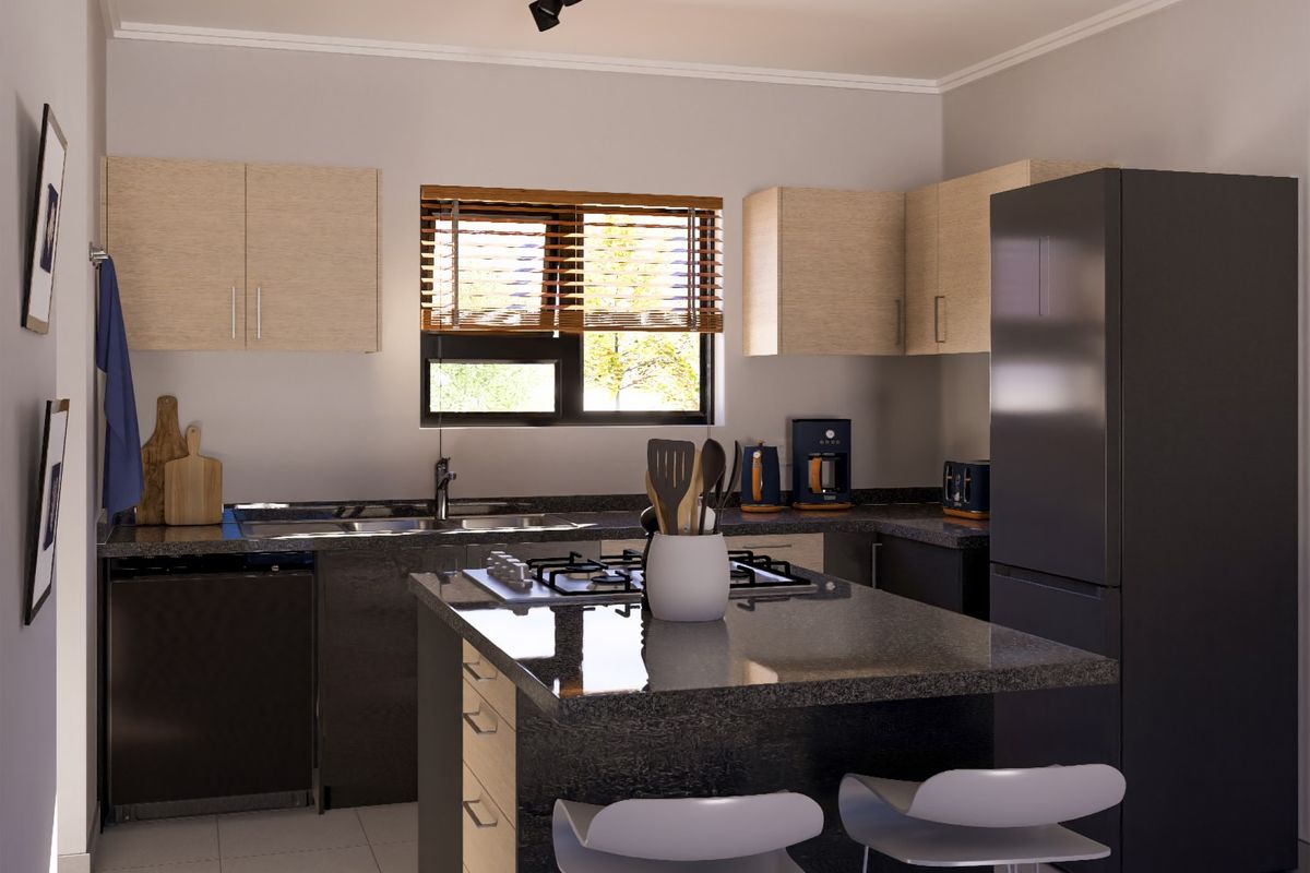 Modern kitchen featuring a central island with a gas cooktop, stone countertops, light wood cabinetry, and sleek dark finishes.