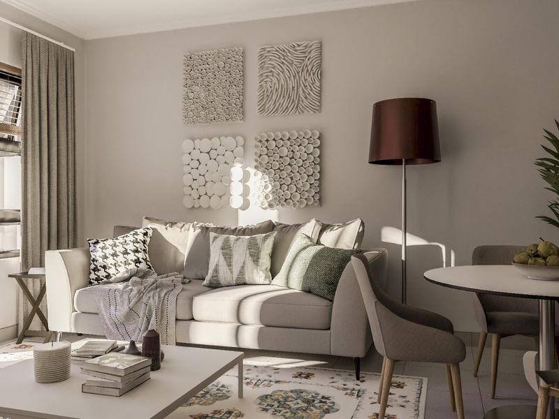 A bright and well-maintained living room featuring neutral wall tones, tiled flooring, and natural light through a side window.