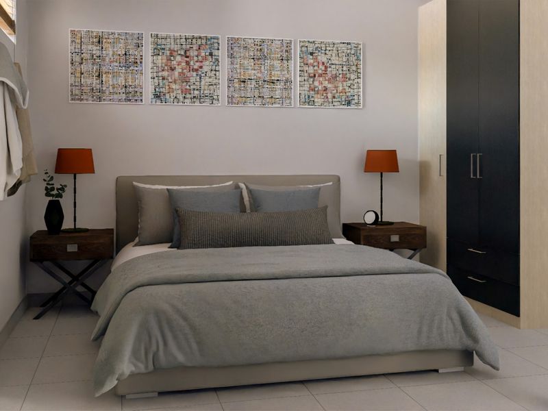 A well-appointed bedroom featuring neutral tones, tiled flooring, and a large built-in wardrobe with modern cabinetry.
