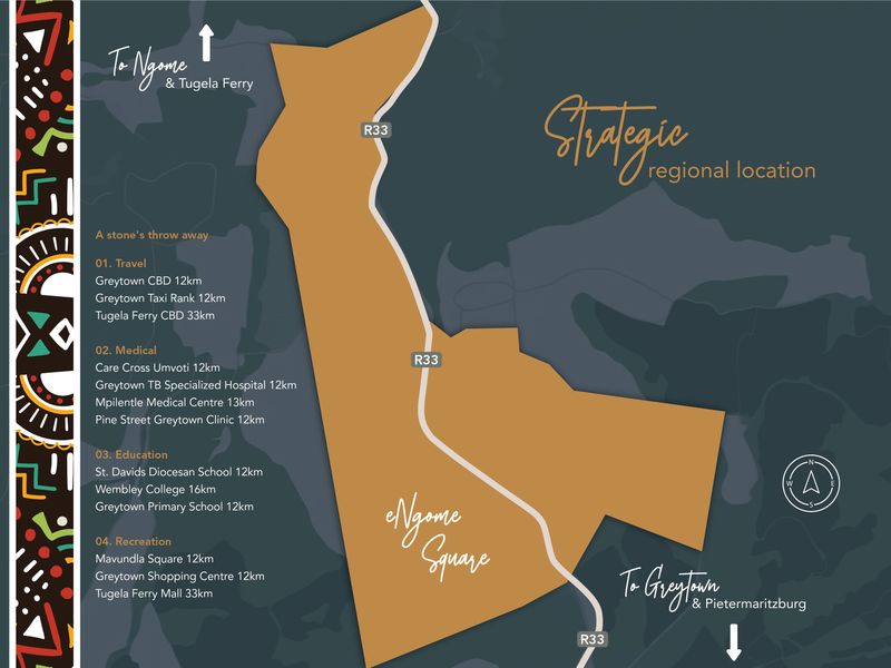 A regional location map highlighting the strategic position of Ngome Square relative to nearby towns, medical facilities, schools, and shopping centers.