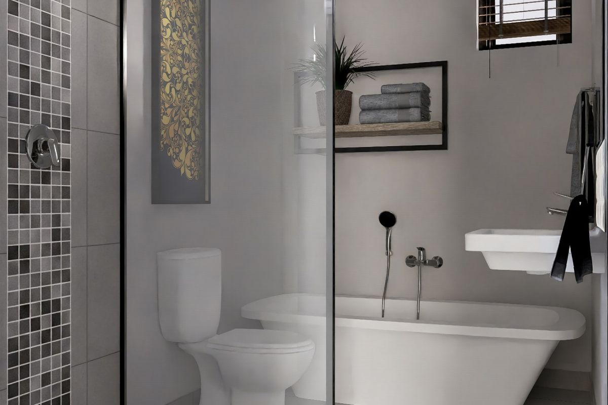 Modern bathroom featuring a freestanding bathtub, wall-mounted basin, toilet, and a stylish mosaic tile feature wall with a glass shower screen.