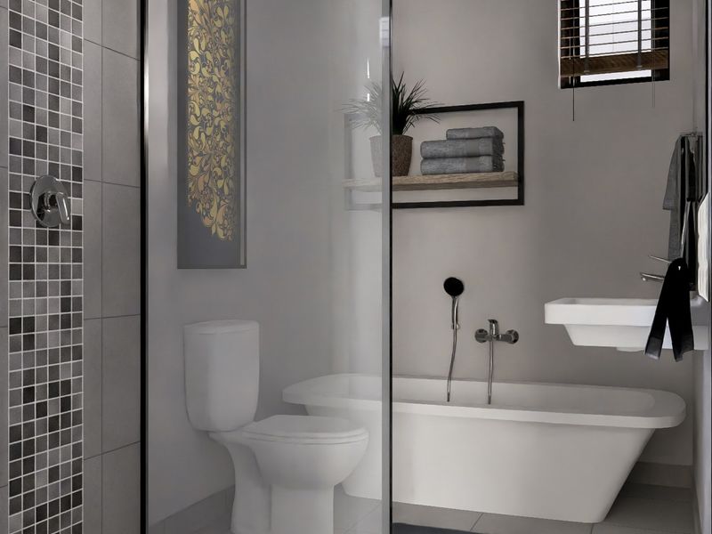 Modern bathroom featuring a freestanding bathtub, wall-mounted basin, toilet, and a stylish mosaic tile feature wall with a glass shower screen.