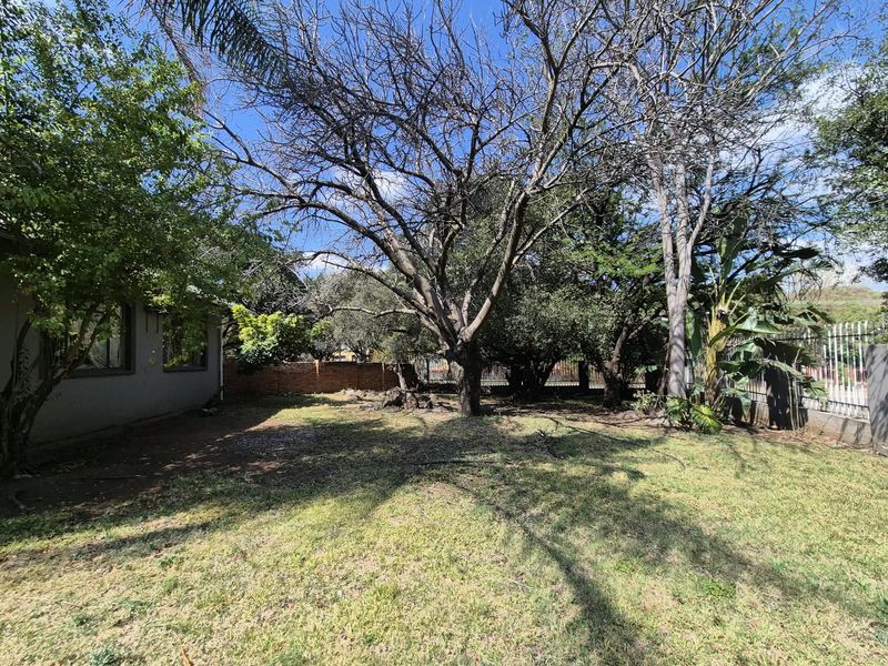 A spacious rear garden area featuring mature trees, established lawn, and brick boundary walling with perimeter fencing.