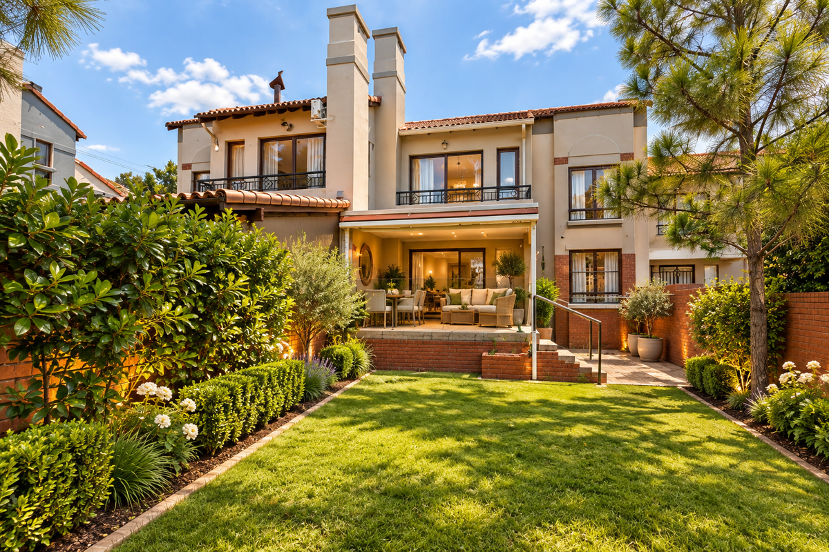 A well-maintained rear exterior view of a townhouse featuring a landscaped garden, brick boundary walls, a covered patio, and upper-level balconies.
