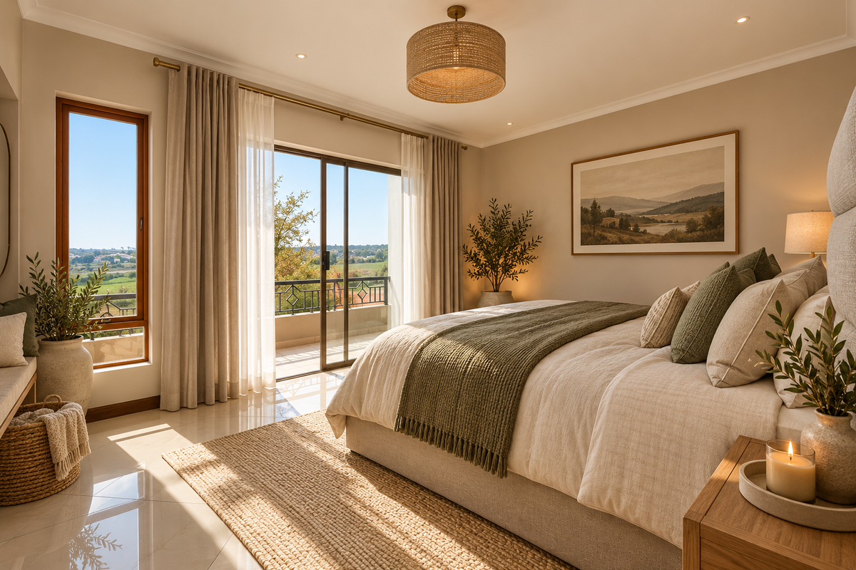 A bright and well-maintained bedroom featuring tiled floors, recessed lighting, and a sliding glass door that opens onto a private balcony with scenic views.
