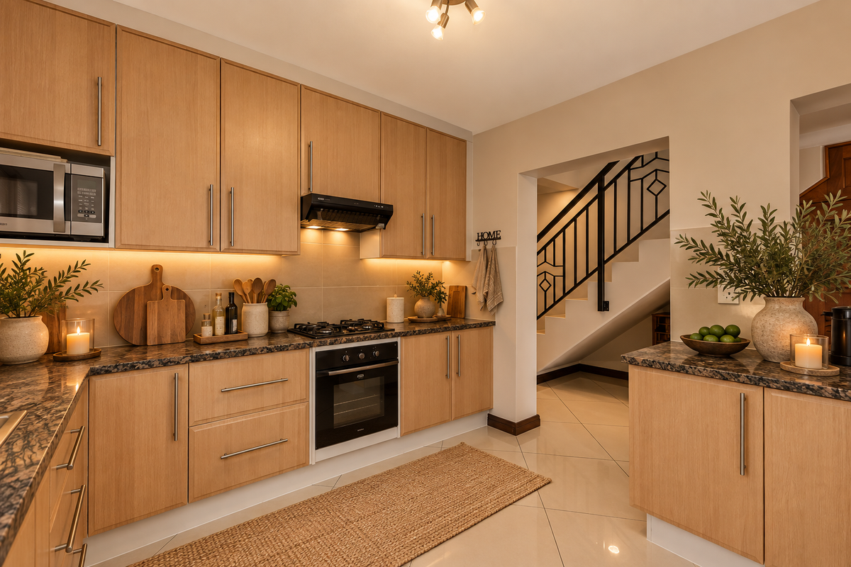 Modern kitchen featuring light wood cabinetry, granite countertops, integrated appliances, and tiled flooring, with an adjacent staircase leading to the upper level.