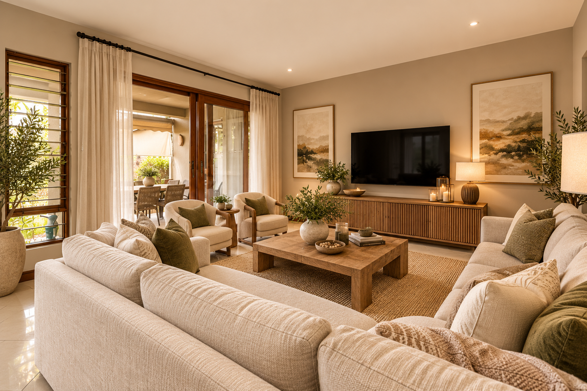 Spacious, well-lit living room featuring large sliding glass doors that open to an outdoor patio, complemented by neutral finishes and modern recessed lighting.