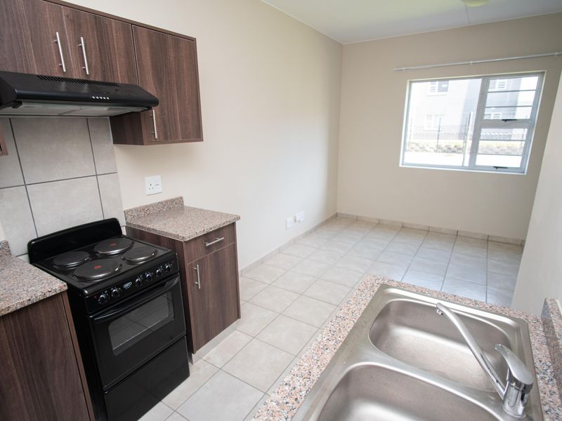 A clean, empty kitchen featuring dark wood-look cabinetry, granite-effect countertops, a double sink, and a freestanding electric stove with an extractor fan.