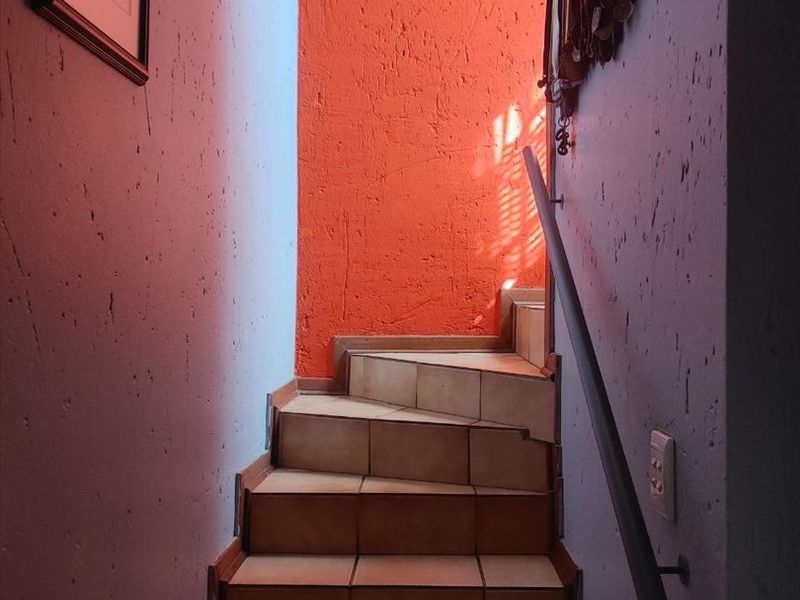 A narrow interior staircase featuring tiled steps and a wall-mounted handrail, finished with textured wall surfaces.