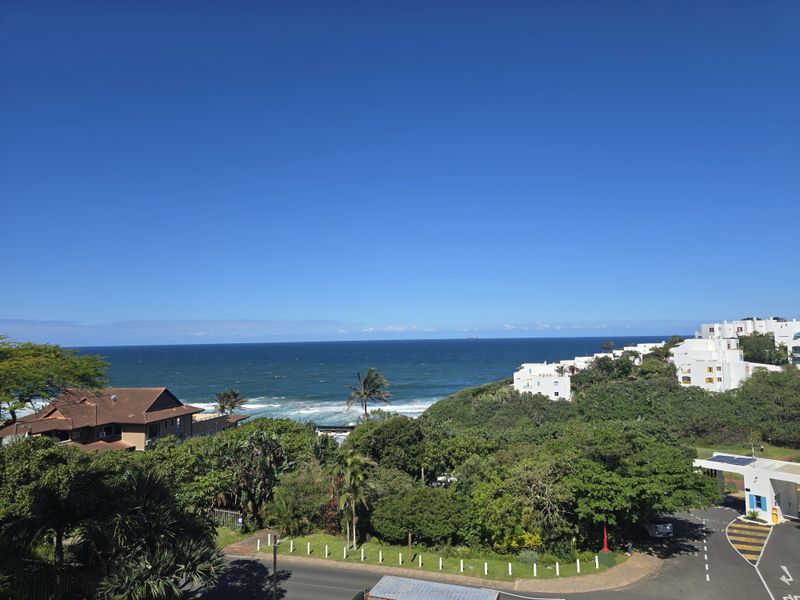 A scenic elevated view overlooking the coastline, lush greenery, and surrounding residential properties under a clear blue sky.