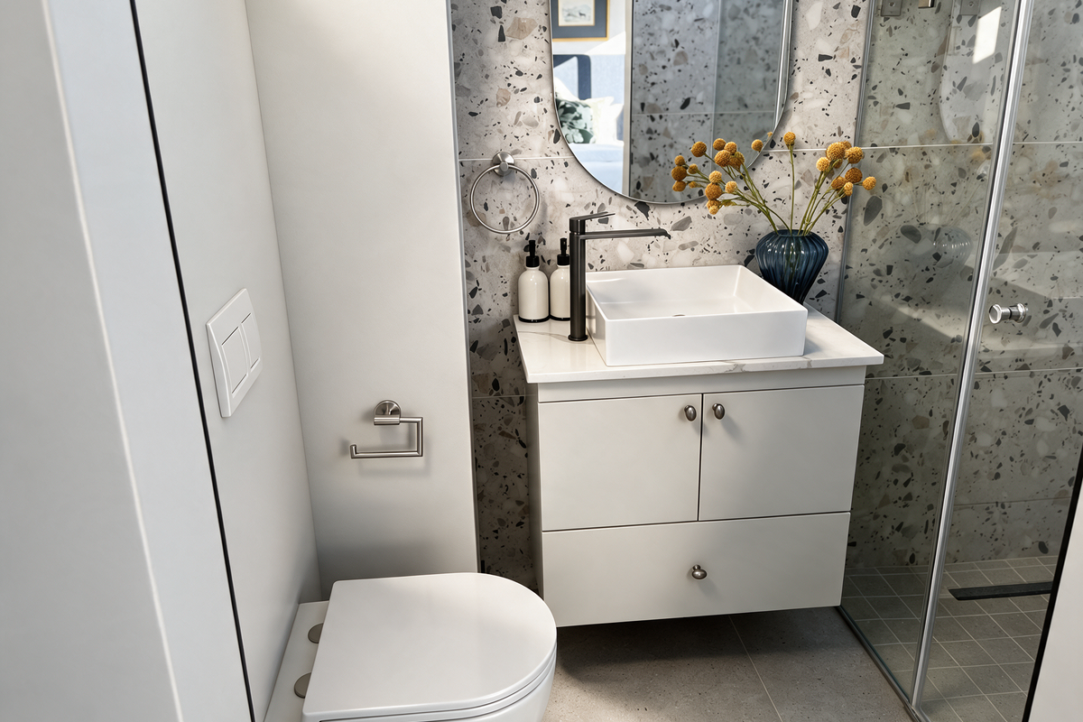 Modern bathroom featuring a wall-hung toilet, sleek vanity with vessel sink, black fixtures, and stylish terrazzo wall tiling with a glass shower enclosure.